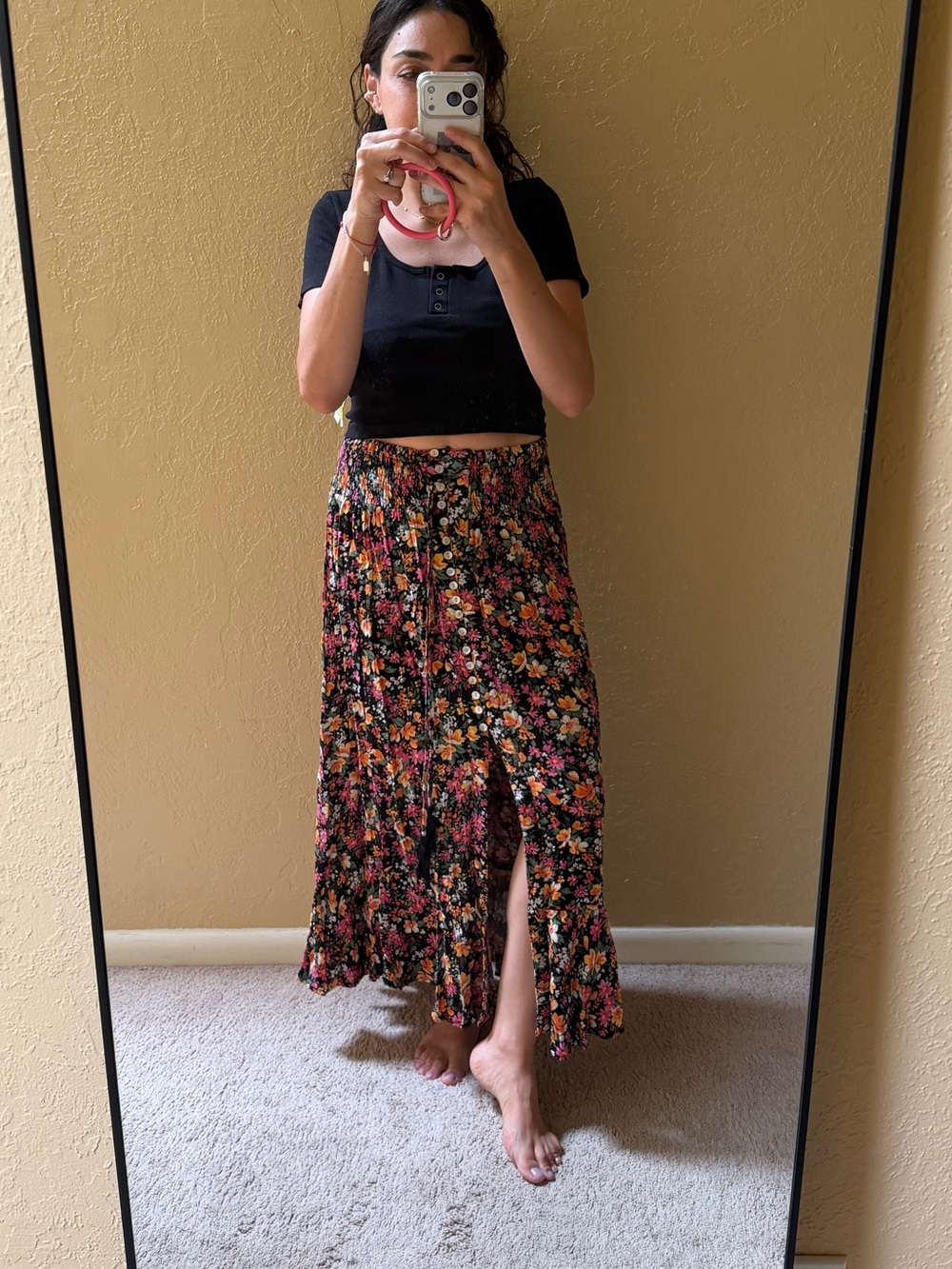 Floral Maxi Skirt with  Slit - Black Floral